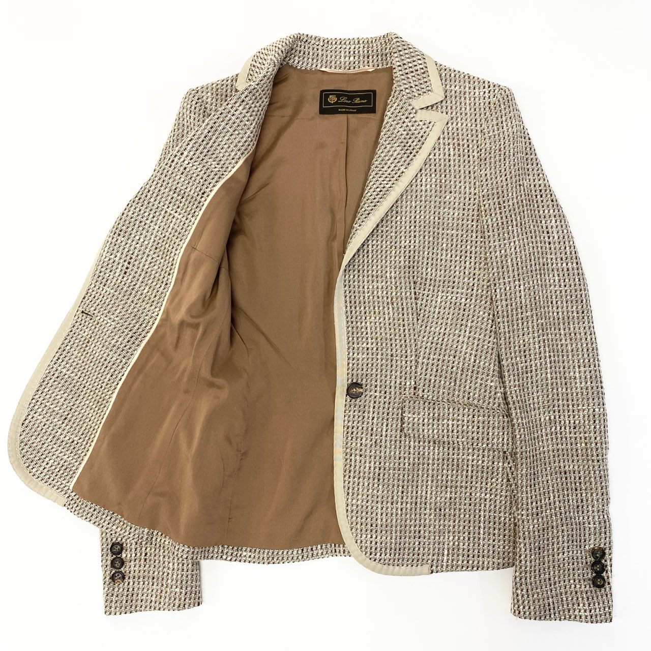 64a28 Loro Piana ロロピアーナ サマーツイードテーラードジャケット パイピング シルク混 イタリア製 38サイズ ベージュ系 レディース 女性用u02t