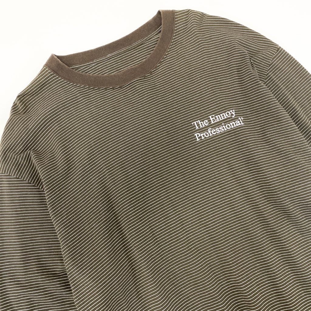 6l25【美品】The Ennoy Professional エンノイプロフェッショナル ピンボーダー ロングスリーブTシャツ ロゴ刺繍 AW21BRENCT01AM Lサイズ ブラウン コットン100％ レディースu02t