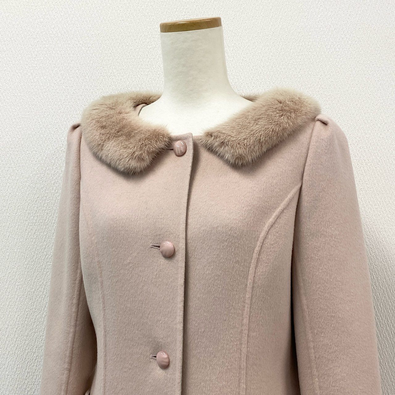58f20 《美品》 Rene ルネ ミンクファー付き ラグジュアリー ウールコート 36 ピンク グレー 毛皮 アウター 女性服