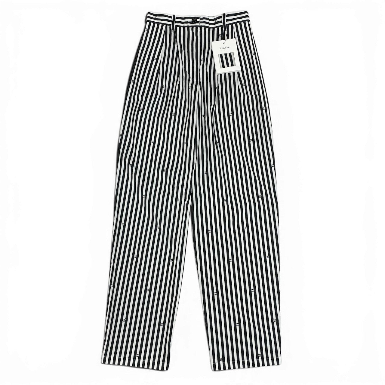 Ce11 【新品保管品】CHANEL 2024SS スラックスパンツ ラインストーンココマーク ストライプ P76233V68306 MB103 34サイズ ホワイト ブラック レディース 女性用ta1
