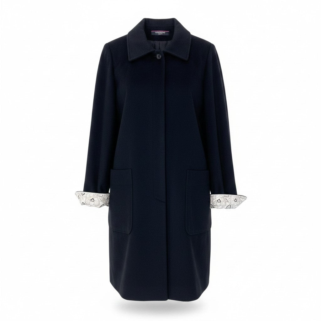 38g13 LEONARD FASHION レオナール ステンカラーコート ロング 花柄プリント サイズ11AR ブラック カシミヤ100％ レディース 女性用o07t