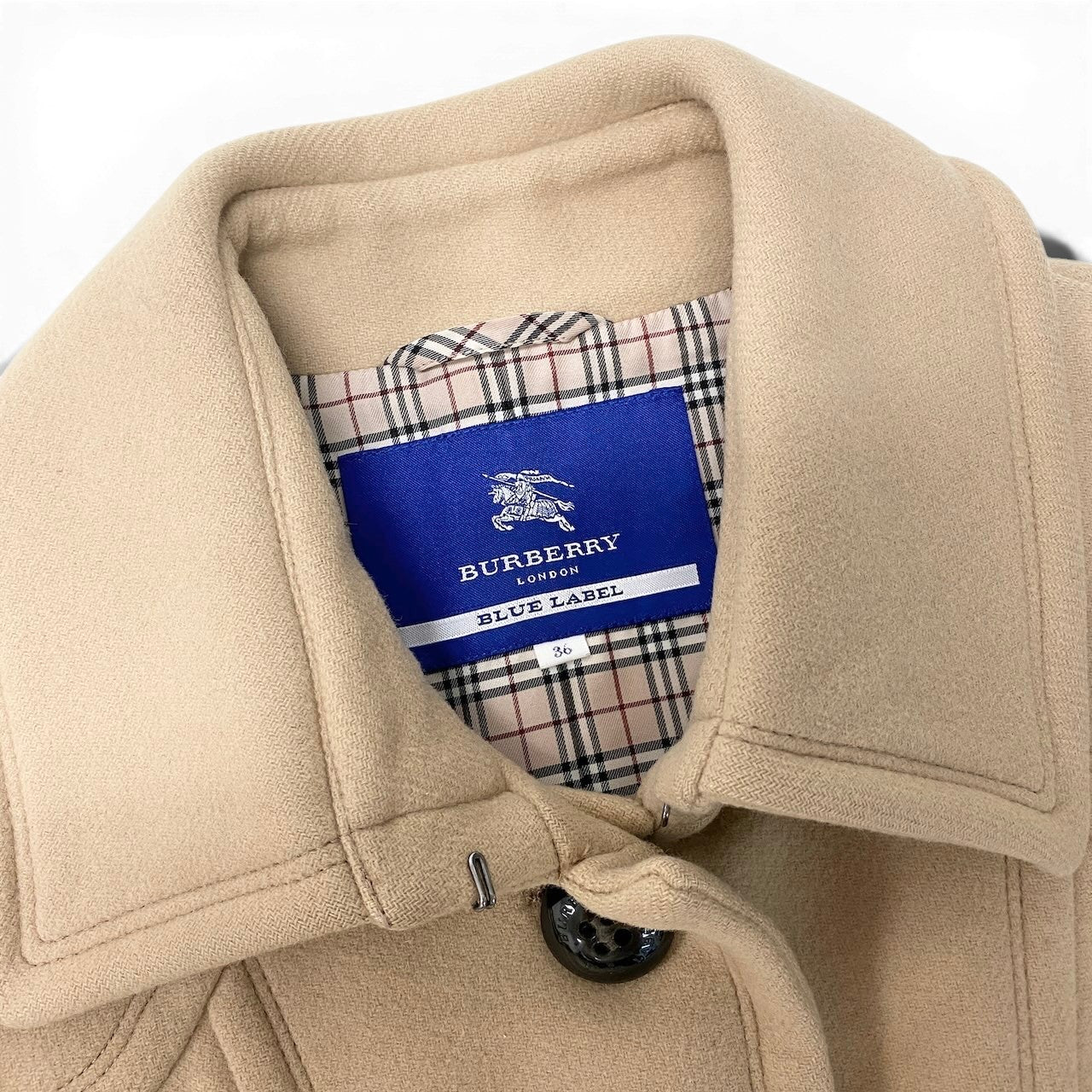 92g27 BURBERRY LONDON BLUE LABEL バーバリーロンドン ブルーレーベル Aラインコート アンゴラウール混 裏地ノバチェック 裾フリル サイズ36 ベージュ レディース 女性用o07t
