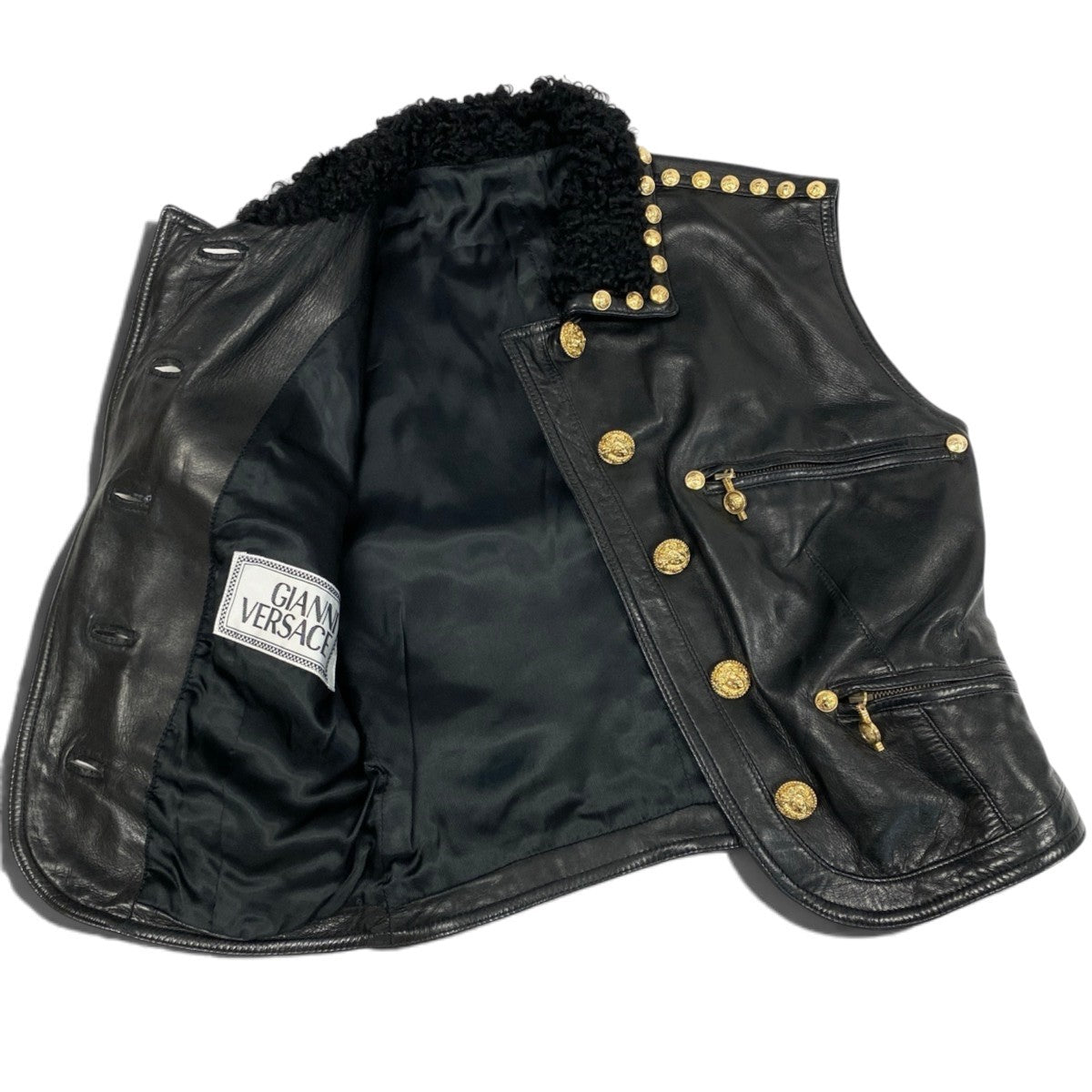 h31 GIANNI VERSACE ジャンニヴェルサーチ メデューサボタン レザーベスト ムートン襟 ブラック レザーu02t