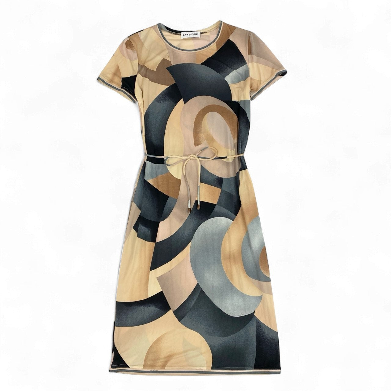2k19《美品》 LEONARD レオナール インポートライン シルクワンピース 半袖ワンピース 総柄 ウエストリボン レディース 女性用 40 マルチカラー シルク100％u02t