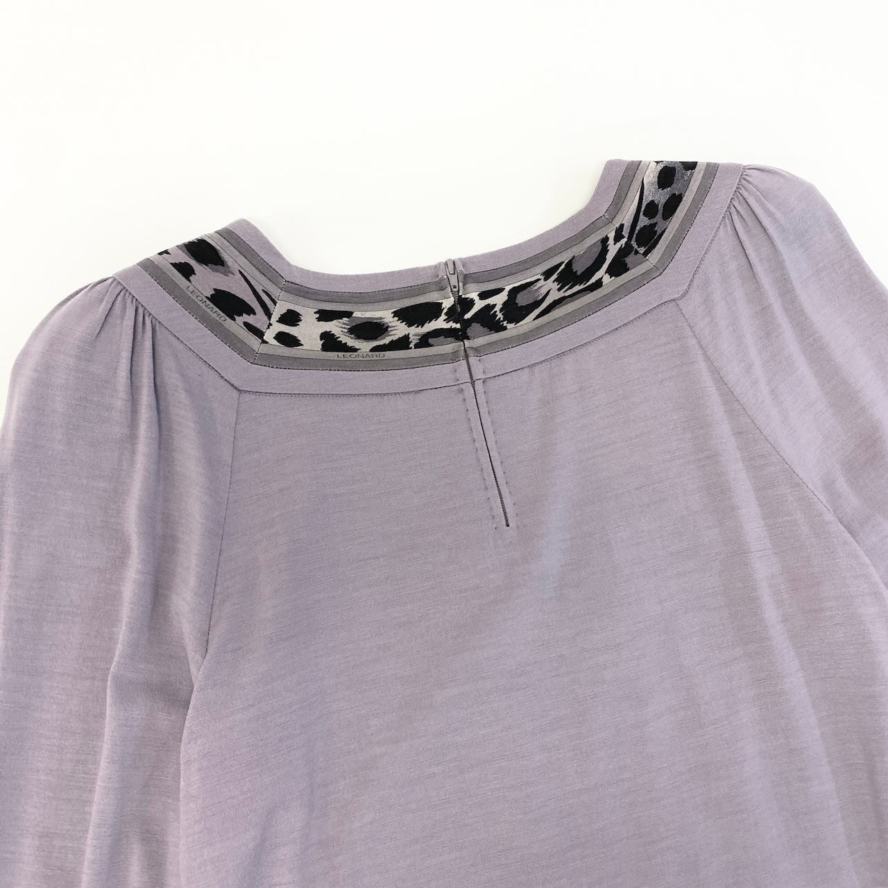65e7 LEONARD FASHION レオナール スクエアネック 膝丈ワンピース ロングスリーブ サイズL グレー系 レディース 女性服o07t