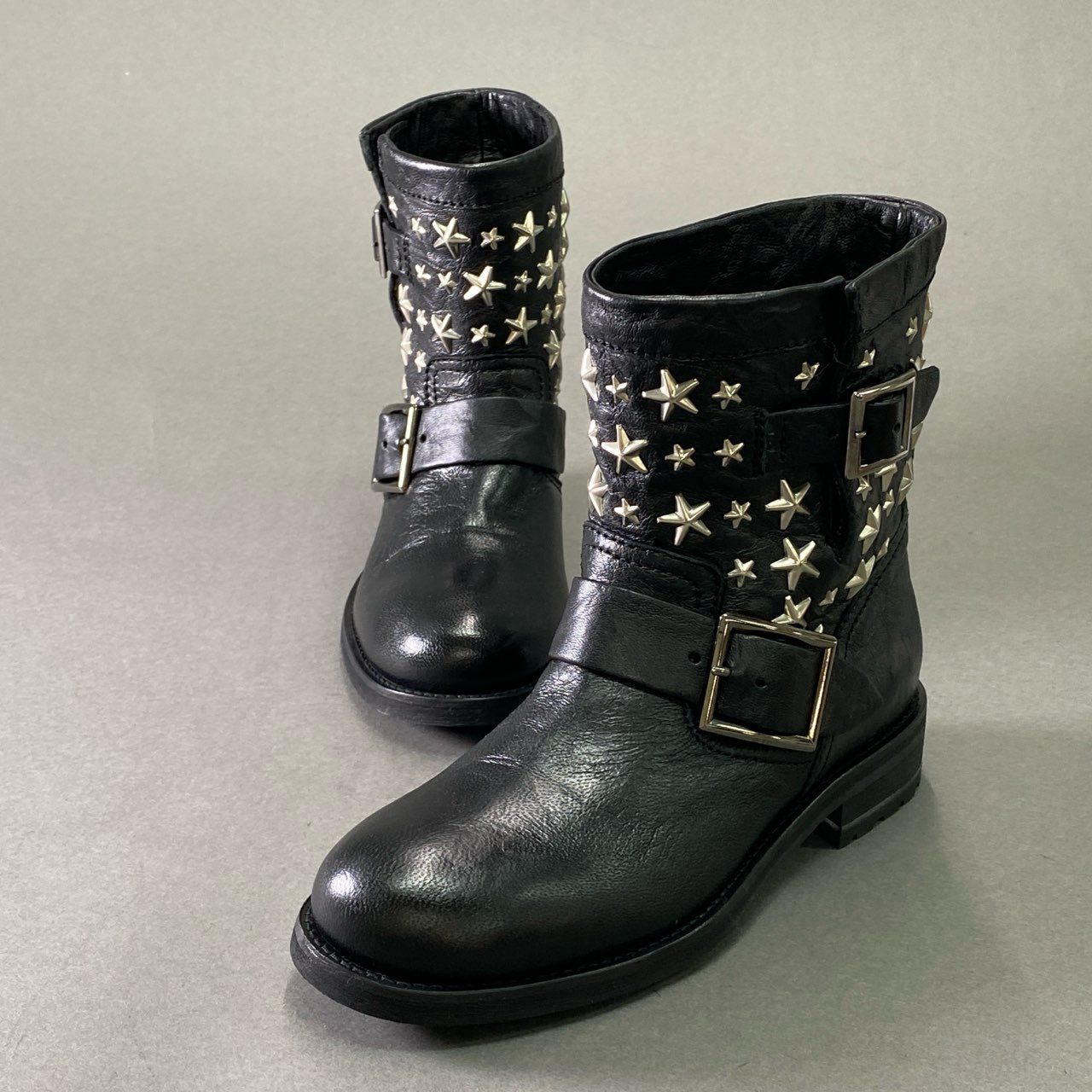 3d16 《美品》 JIMMY CHOO ジミーチュウ スタースタッズ バイカーブーツ 35 1/2 ブラック レザー シューズ イタリア製