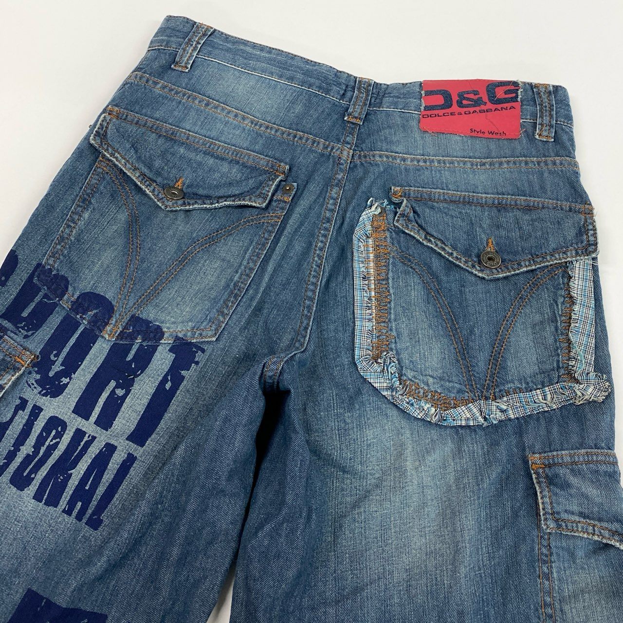 83L22 DOLCE&GABBANA ドルチェアンドガッパーナ 00`s vintage Y2K デニムカーゴパンツ ハーフパンツ ショート ダメージ ペイント加工 メンズ 紳士服 29 / 43 ブルーk02i