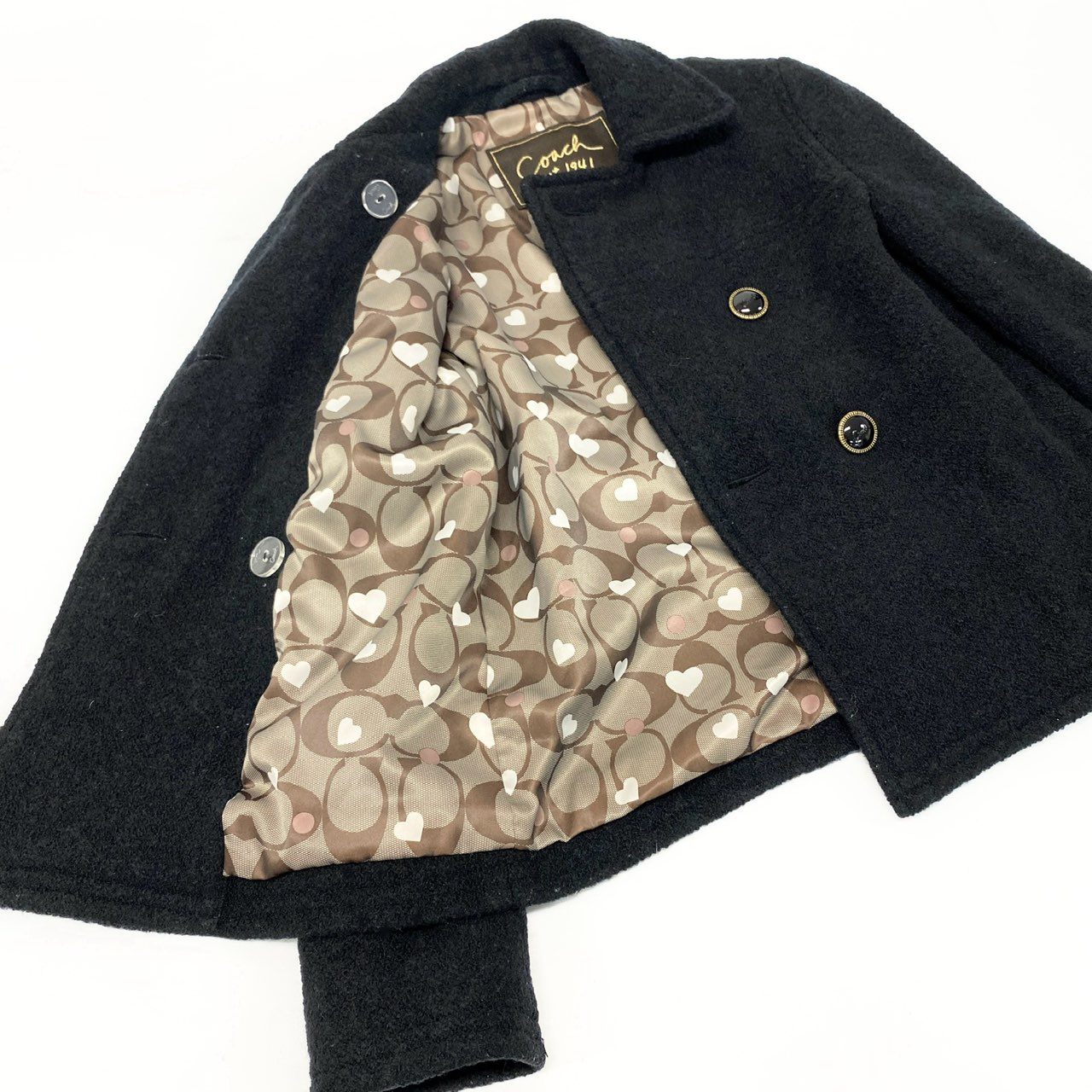 10k11 COACH コーチ ダブルブレスト ジャケット ショート丈 Pコート ウールブレンド 裏地ブランドロゴ ハート柄 レディース 女性用  XS ブラックu02t