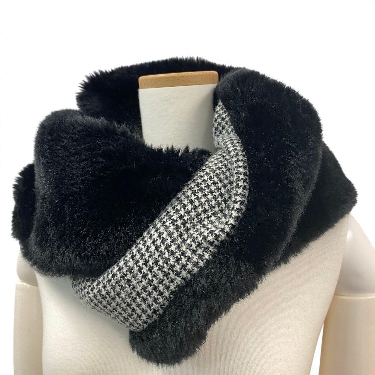 g7 Yohji Yamamoto ヨウジヤマモト 千鳥チェック × ファー スヌード ネックウォーマー ブラック マフラー 山本耀司t18r