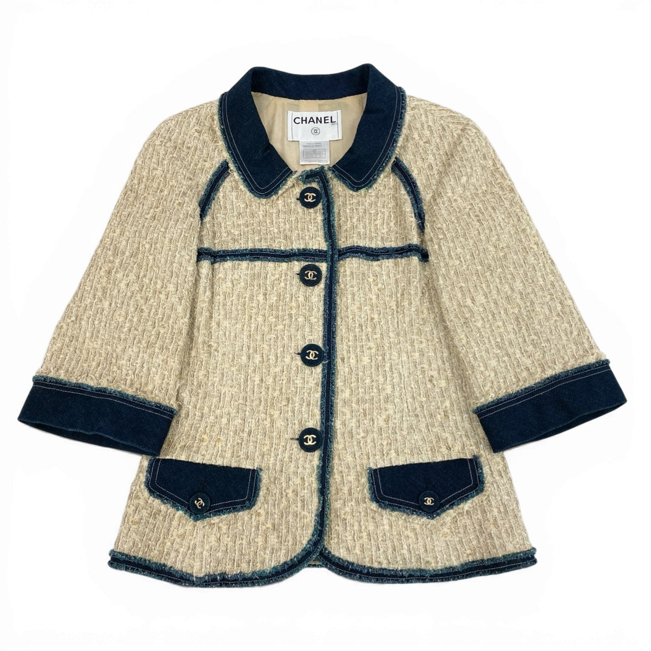 Cb19 CHANEL シャネル 07P P30527 2007年 7分袖 デニム切替ツイードジャケット ココマークボタン サイズ36 レディースta1