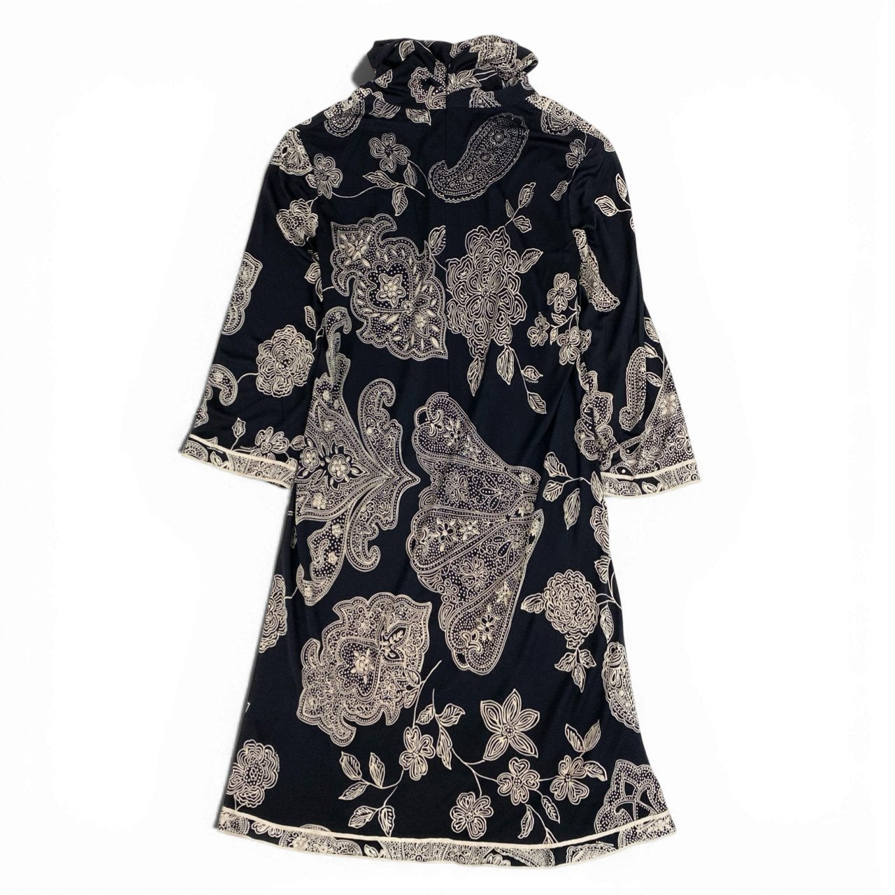 51b12 【美品】LEONARD レオナール ハイネックロングスリーブチュニックワンピース 総柄プリント 42サイズ ブラック ベージュ コットン100％ レディース 女性用u02t