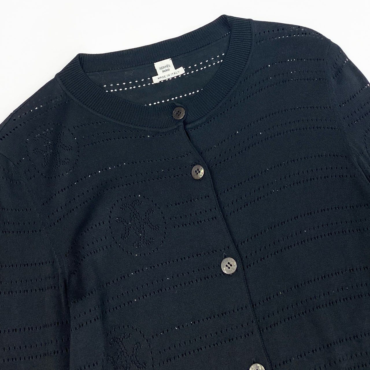 65a14【美品】 HERMES エルメス ニットカーディガン ロングスリーブ 総柄 ロゴ コットンブレンド〇 イタリア製 レディース 女性用 サイズ36 ブラックo07t