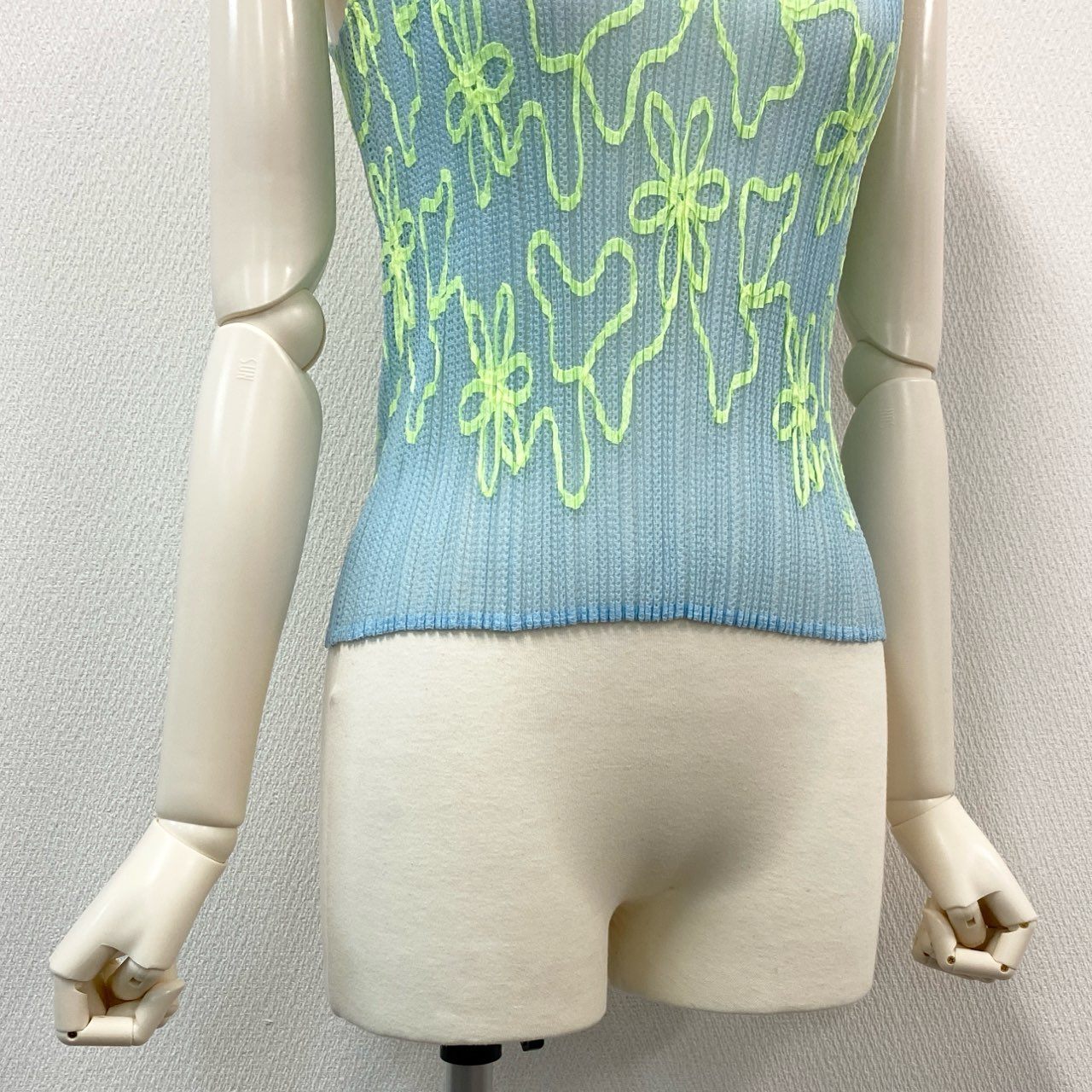 78i11 《極美品》 PLEATS PLEASE プリーツプリーズ イッセイミヤケ フラワープリント メッシュ ノースリーブトップス カットソー 2000ss PP06-JK301 サイズ3 ライトブルー ポリエステル レディースu02t
