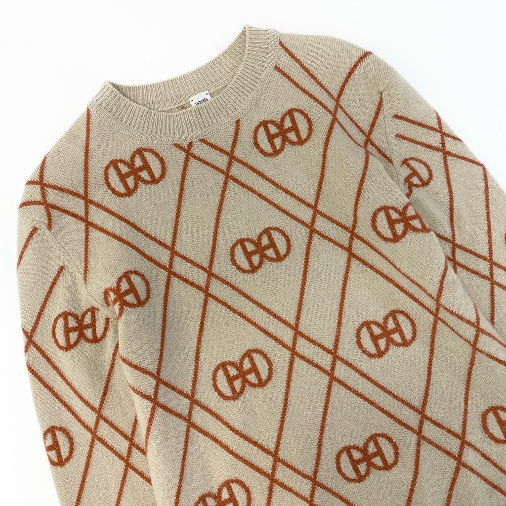 29a9 HERMES エルメス Hロンド カシミヤ ニットセーター クルーネック 総柄 長袖 レディース 女性用 2E2632DT 34 ベージュ カシミア100％o07t