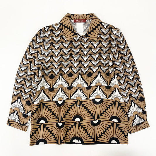 72j15《美品》MaxMara マックスマーラ シルクシャツ 長袖シャツ 幾何学模様 40サイズ ブラウン ホワイト ブラック レディースu02t