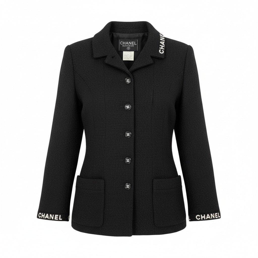 Cb23 Vintage CHANEL シャネル 1995 ツイードジャケット テーラードジャケット ロゴ ココマークボタン P05747V04386 40 ブラック 95Ata1