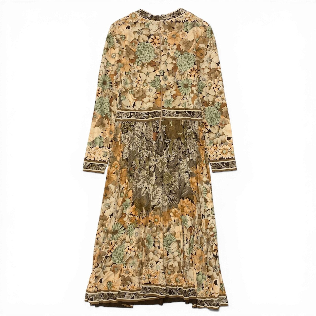 80d13 LEONARD PARIS レオナール 長袖ワンピース ロングワンピース 花柄プリント 総柄 ウエスト切替 マルチカラー シルク100％ レディース 女性用o07t