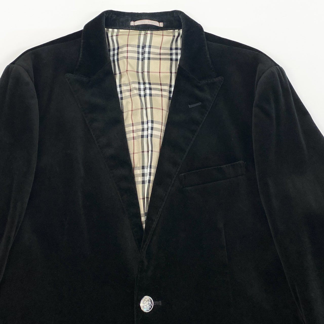 62g18 BURBERRY BLACK LABEL バーバリーブラックレーベル 裏地ノバチェック ベロア テーラードジャケット ブレザー ピークドラペル 大きいサイズ LL ブラック メンズ