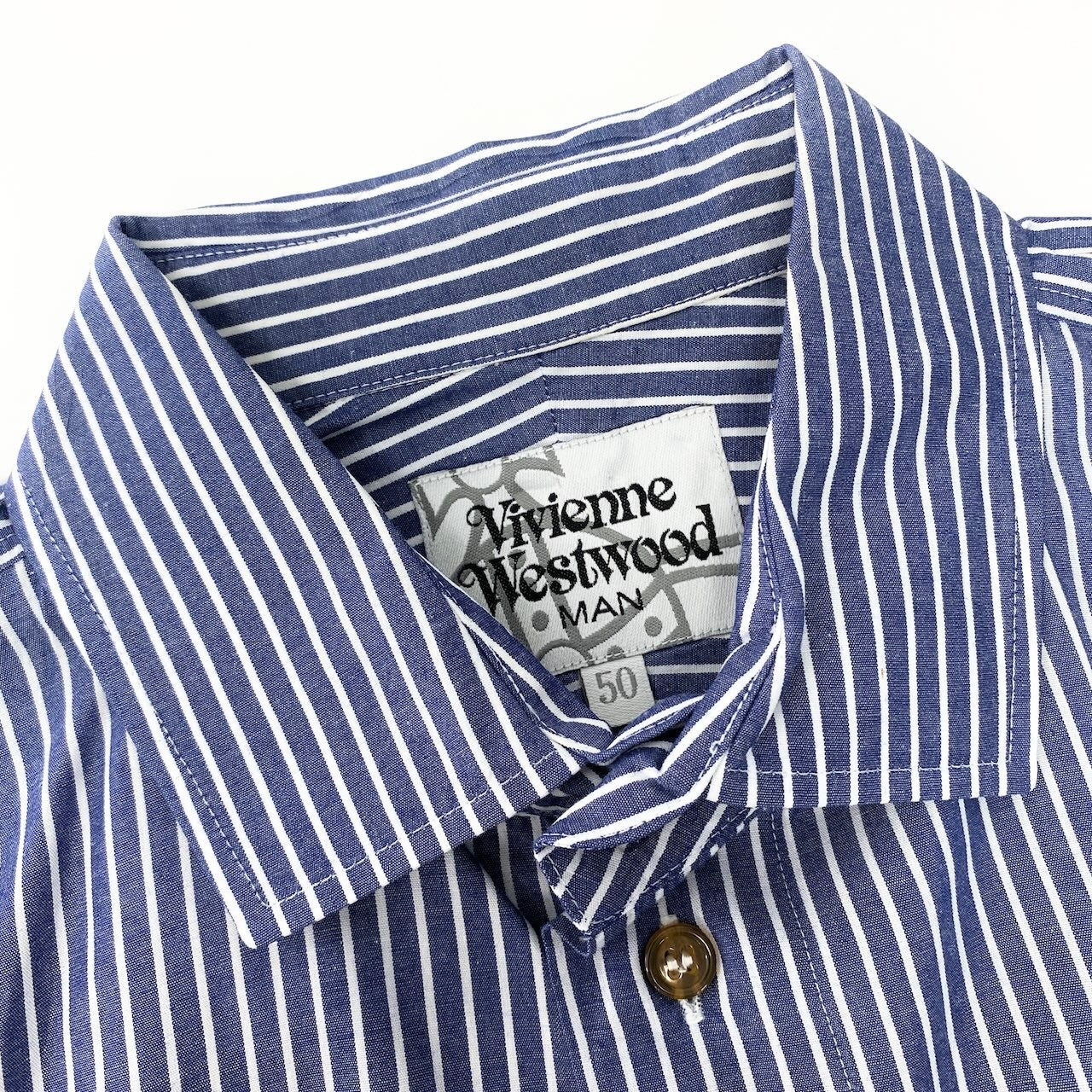 31e7 【美品】  VivienneWestWood MAN ヴィヴィアンウエストウッドマン ロゴ刺繍 ストライプシャツ ロングスリーブシャツ  サイズ50 ブルー ホワイト コットン100％ メンズ 紳士服u02t