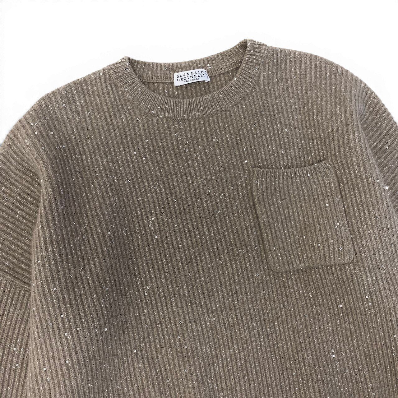 12g1【美品】 BRUNELLO CUCINELLI ブルネロクチネリ スパンコール ラメニット クルーネックセーター カシミヤ混 XS ベージュ レディースu02t