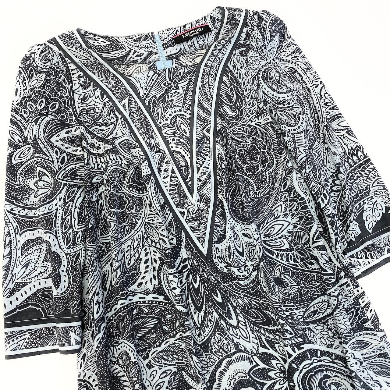 65e7 LEONARD FASHION レオナール 七分袖 膝丈ワンピース ペイズリー柄 総柄プリント サイズ42 ライトブルー ネイビー ウール シルク レディース 女性服o07t