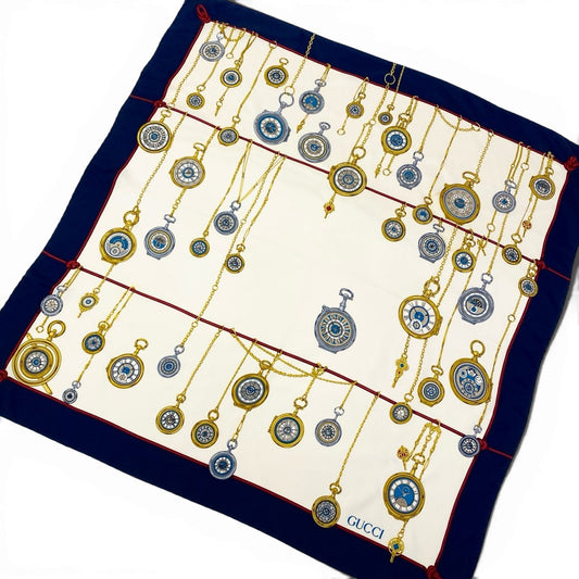 b20 GUCCI グッチ Pocket Watch Silk Scarf 懐中時計柄 スカーフ ネイビー ホワイト シルク100％ イタリア製t18r