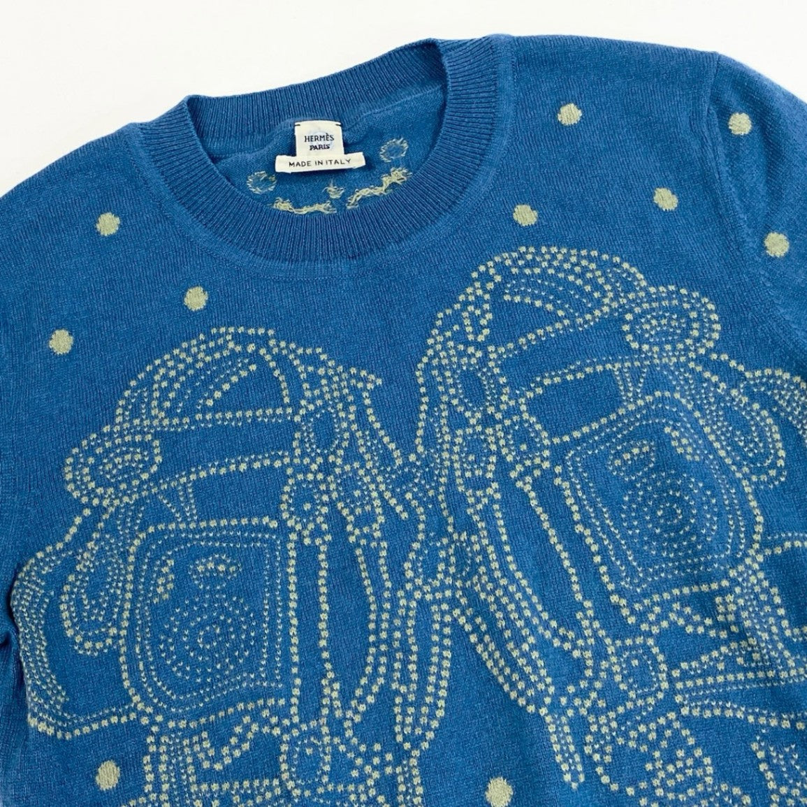 57a13 HERMES エルメス BRIDES DE GALA 半袖ニットセーター カシミヤブレンド ドット柄 イタリア製 レディース 女性用 3E2623D8 36 ブルー系o07t