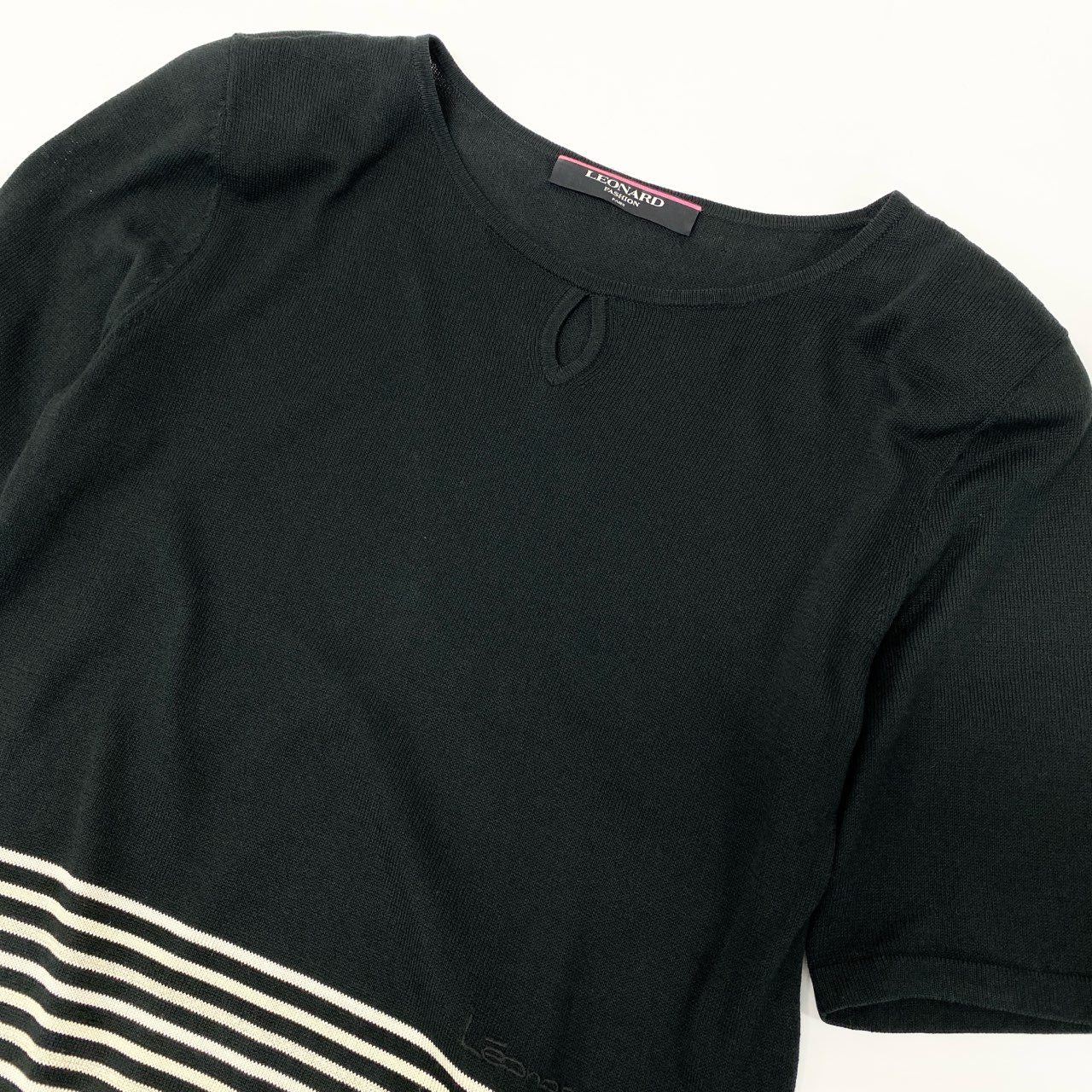 4k23《美品》 LEONARD FASHION レオナール アンサンブルニット ツインニット 半袖トップス カーディガン ボーダー柄 花柄刺繍 シルク混 Ｌ ブラック ホワイト系u02t