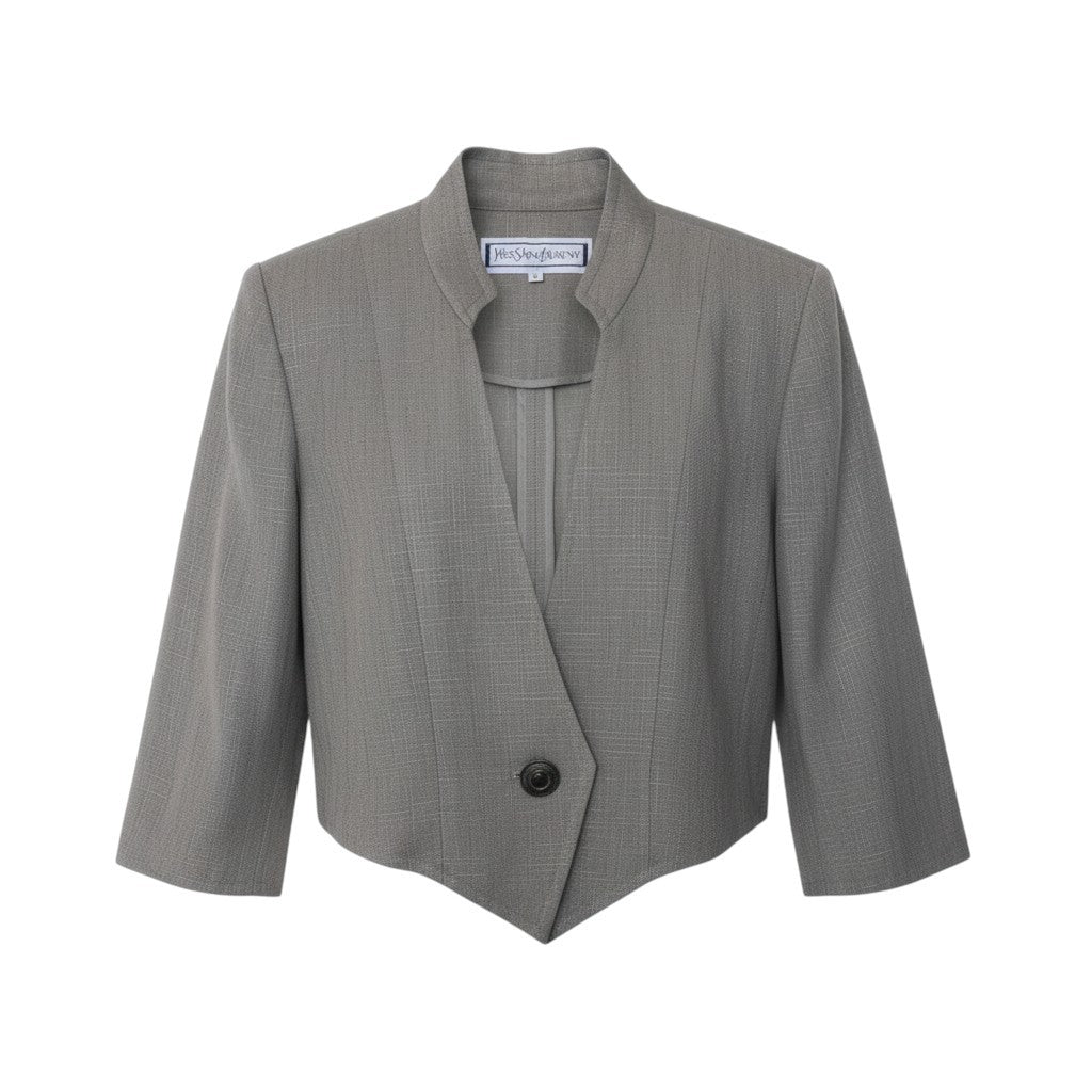 86i15 YVES SAINT LAURENT イヴサンローラン テーラードジャケット スタンドカラージャケット リネン混 サイズL グレー レディースo07t