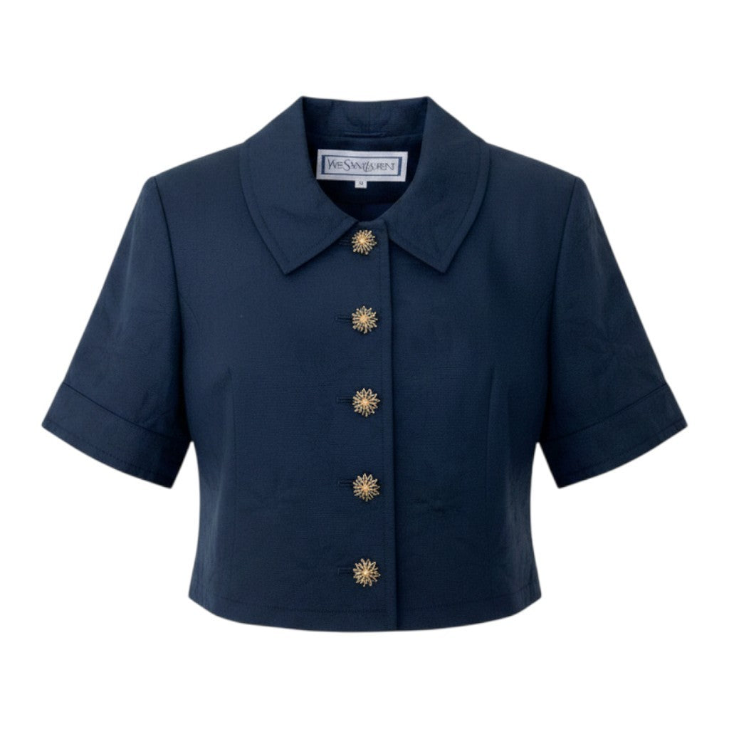 Eh10 YVES SAINT LAURENT イヴサンローラン ショートスリーブ 花柄ジャケット 飾りボタン M ネイビー コットン レディースo07t