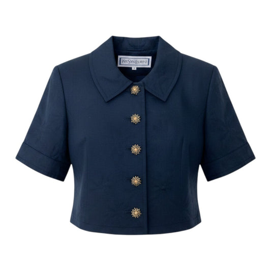 Eh10 YVES SAINT LAURENT イヴサンローラン ショートスリーブ 花柄ジャケット 飾りボタン M ネイビー コットン レディースo07t
