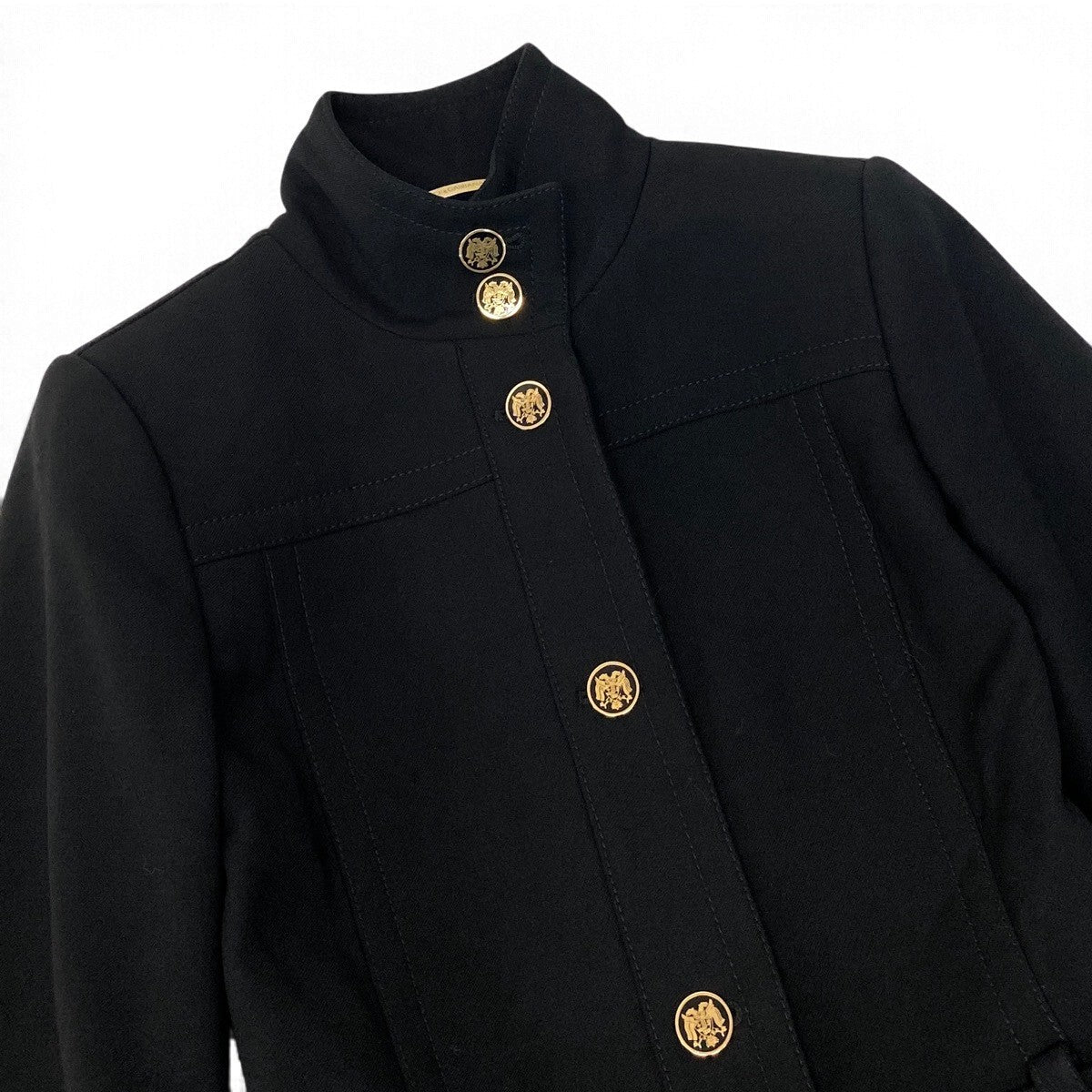 i27 【美品】DOLCE＆GABBANA ロングコート スタンドカラー ウエストベルト ブラック ウール100％ レディース 女性用u02t
