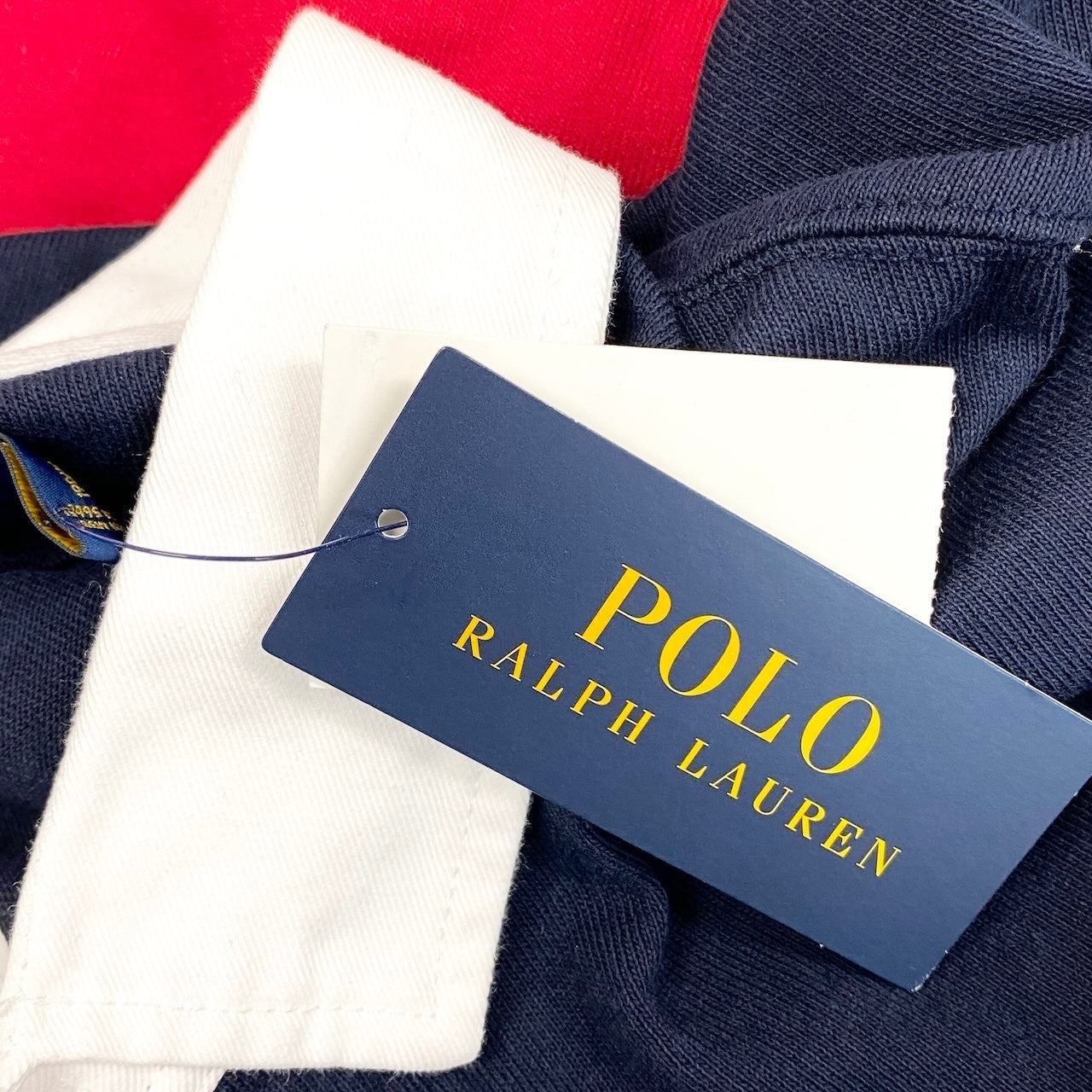 62i1 【未使用タグ付】 POLO RALPH LAUREN ポロラルフローレン CUSTOM SLIM FIT ロゴプリント 長袖ポロシャツ トリコロール ビッグポニー XXL ネイビー ホワイト レッド コットン100％ メンズu02t