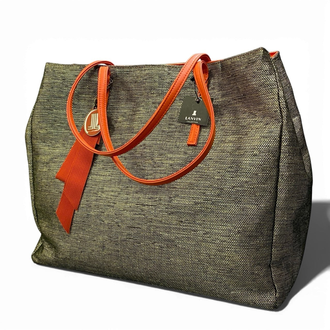 Db23 LANVIN COLLECTION ランバンコレクション トートバッグ  リボンチャーム付 大容量 通勤通学 フリー ゴールド ブラック オレンジ レディースu02t