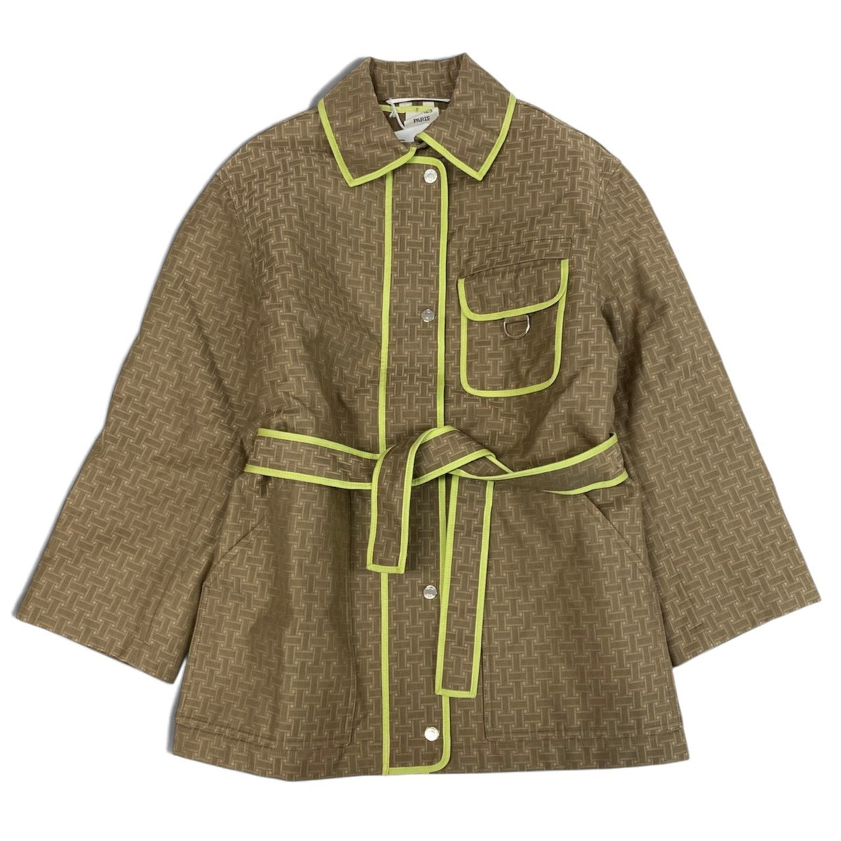 59i15 《未使用品》 HERMES エルメス 22AW Hモザイク サファリジャケット コート 2H0117DP 36 カーキ系 コットン ライナー ベルト付きu02t