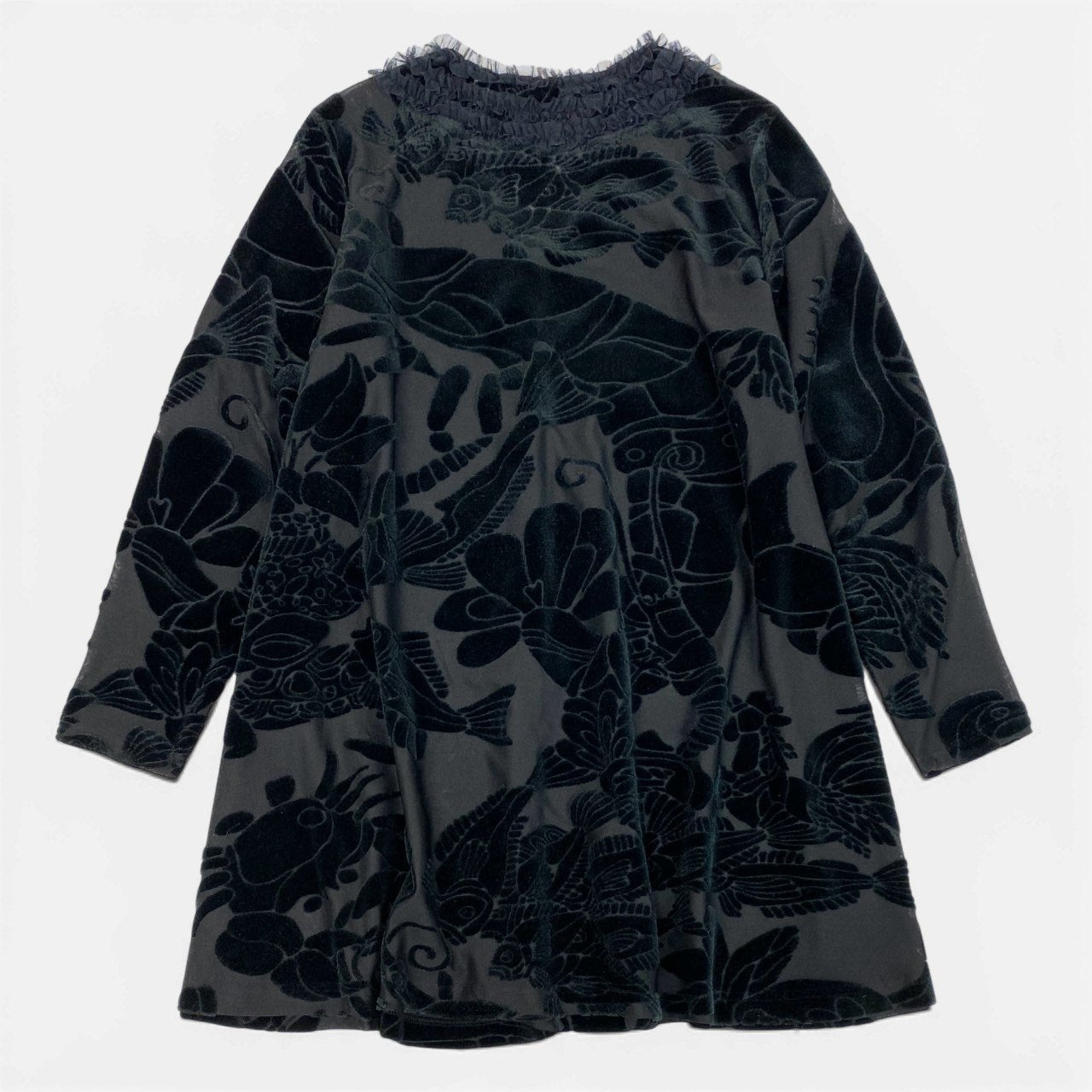 77b27 TOKUKO 1er VOL トクコプルミエヴォル ノーカラー ロングジャケット シアージャケット ロングカーディガン ベロア切替 レース 魚 総柄 レディース 女性服 サイズ9 ブラックu02t