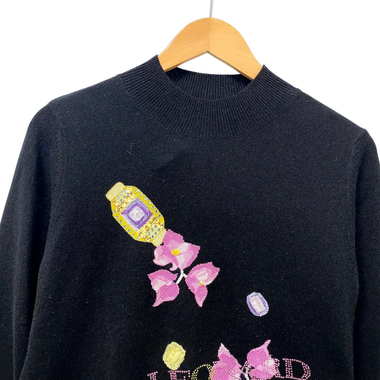 1f18 LEONARD レオナール ロングスリーブニットセーター カシミヤコットン ラインストーンロゴ 花柄刺繍 42サイズ ブラック レディース 女性用u02t