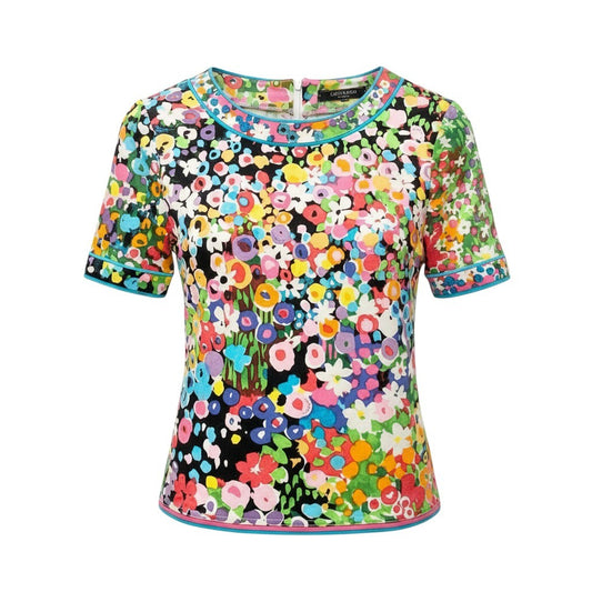 30b18 【美品】 LEONARD FASHION レオナール 半袖Tシャツ カットソー フラワモチーフ 花柄プリント ストレッチ〇 レディース 女性用 M マルチカラー コットン100％o07t