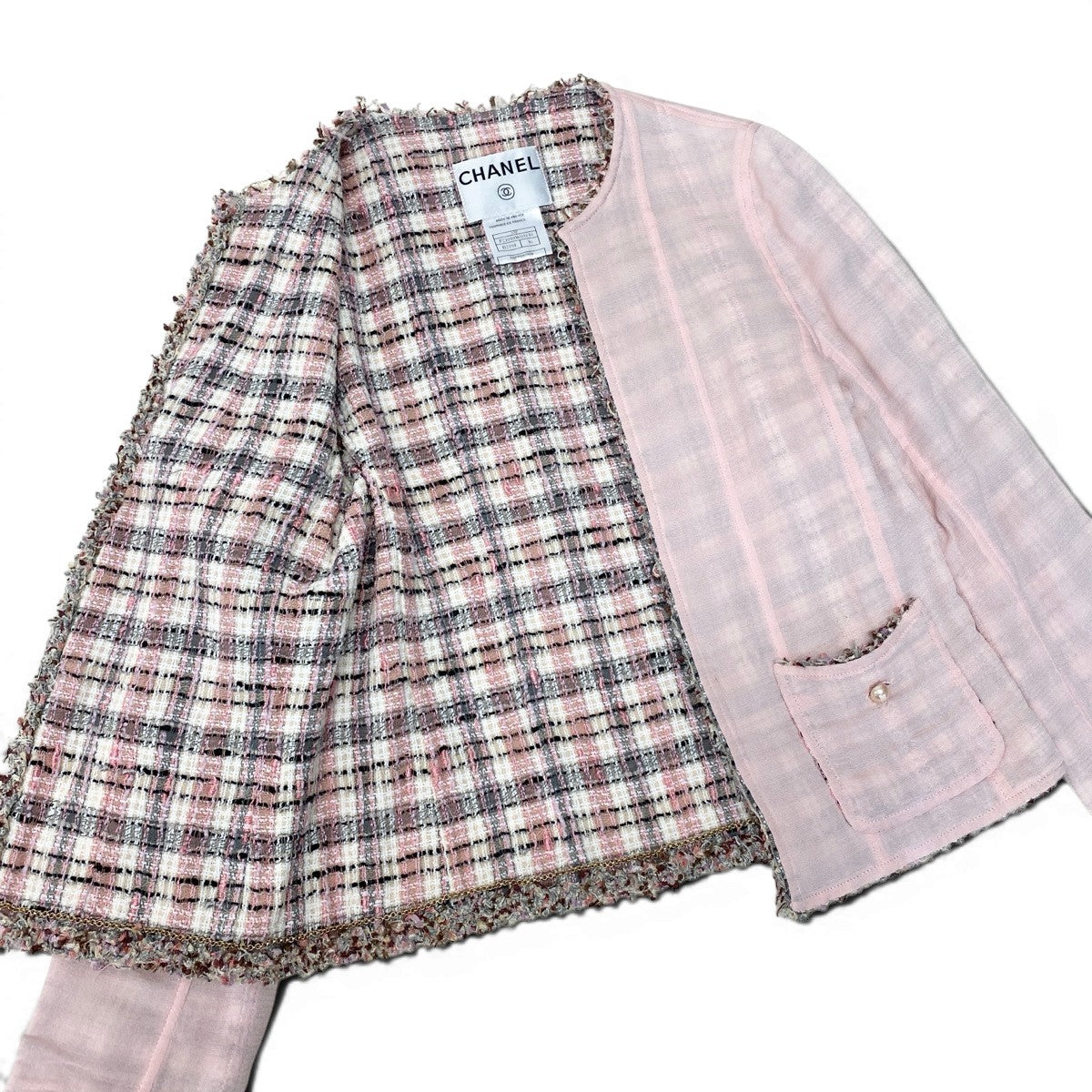 Cf11 CHANEL シャネル 03P チェーントリム ツイード 2Pジャケット ココマーク パールボタン サイズ36 ピンク レディース 女性用ta1
