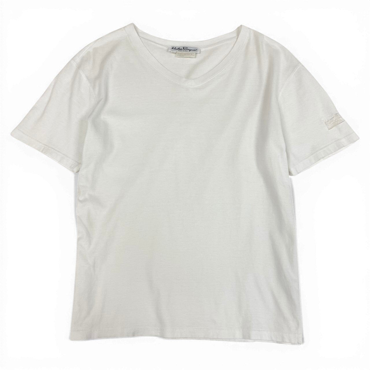 Ec27 Salvatore Ferragamo サルヴァトーレフェラガモ 半袖Tシャツ ブランドロゴ刺繍 Vネック トップスカットソー Mサイズ ホワイト コットン100％ レディース 女性用u02t