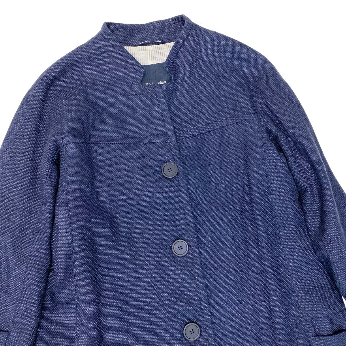 25g14 'S Max Mara エスマックスマーラ ノーカラーコート リネンブレンド サイズ42 ネイビー レディース 女性用u02t