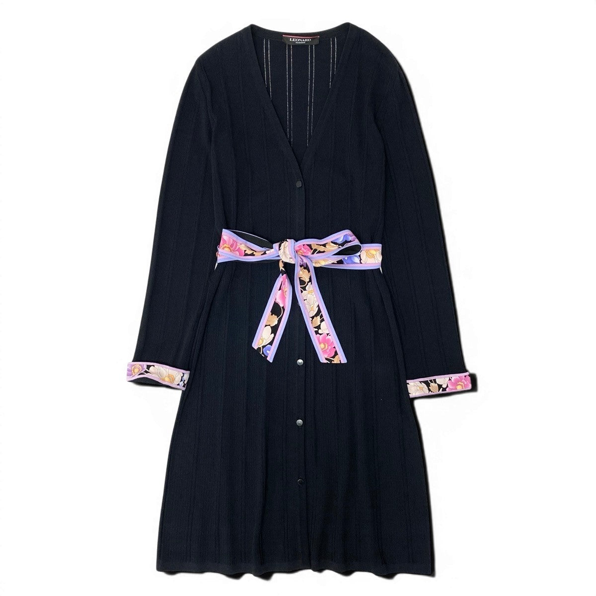 81e19 【美品】 LEONARD FASHION レオナール ロング ニットカーディガン カンカン素材切替 リブニット 長袖 花柄プリント サイズ38 ブラック レディース 女性用u02t