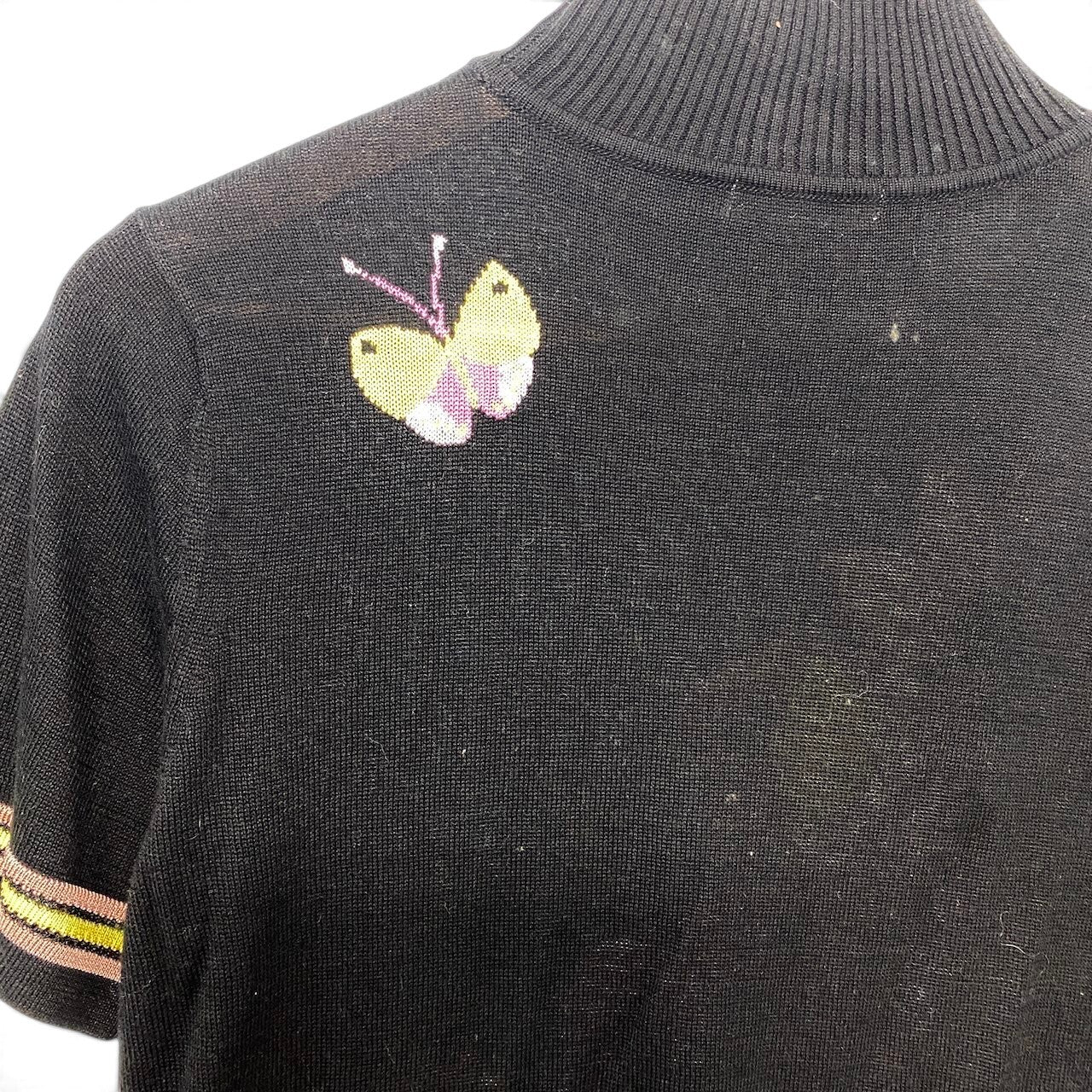 35h31 LEONARD レオナール ハイネック 半袖ニットセーター 鳥 花柄 ロゴ刺繍 カシミヤ混  40サイズ ブラック レディース 女性用u02t