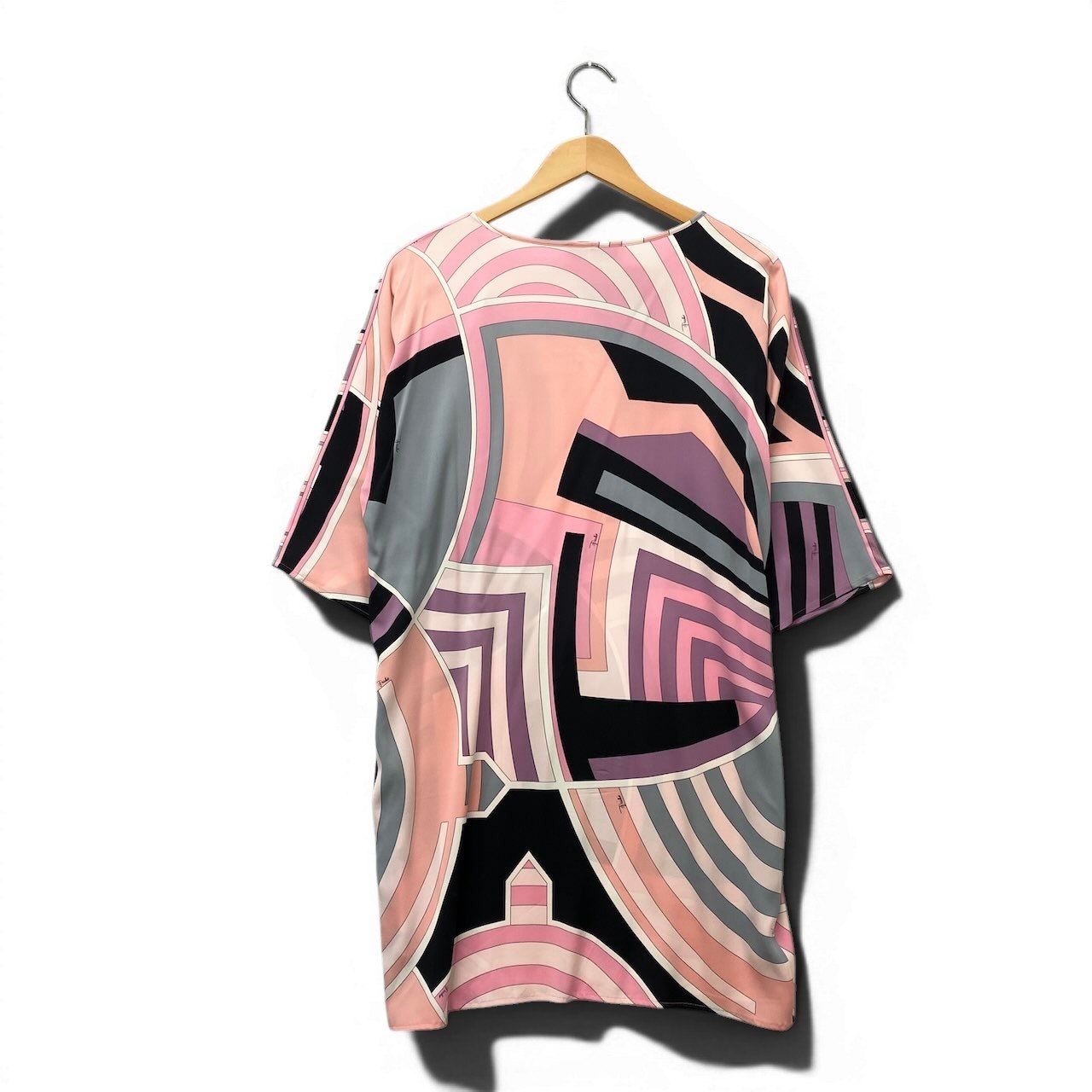 34e16 EMILIO PUCCI エミリオプッチ シルクチュニックワンピース  ブロックプリント 五分袖 イタリア製 38サイズ ピンク系 レディース 女性用u02t