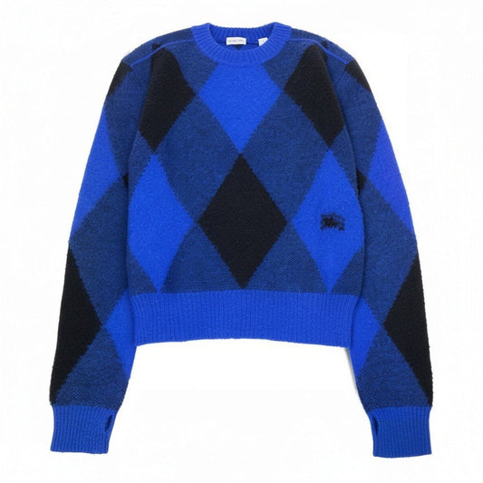 Mj9 【未使用タグ付】 BURBERRY バーバリー アーガイル チェック ウールセーター 8078750 サイズS ブルー ブラック ウール100％ メンズu02t