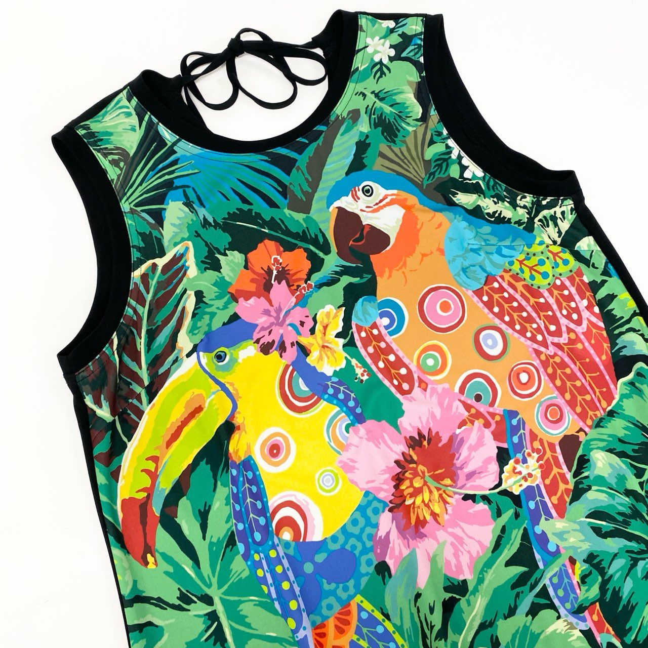 26k27 《美品》 TOKUKO 1er VOL トクコプルミエヴォル ノースリーブワンピース ボタニカル柄 鳥 花柄プリント レディース 女性用 9 ブラック マルチカラー ポリエステル100％u02t