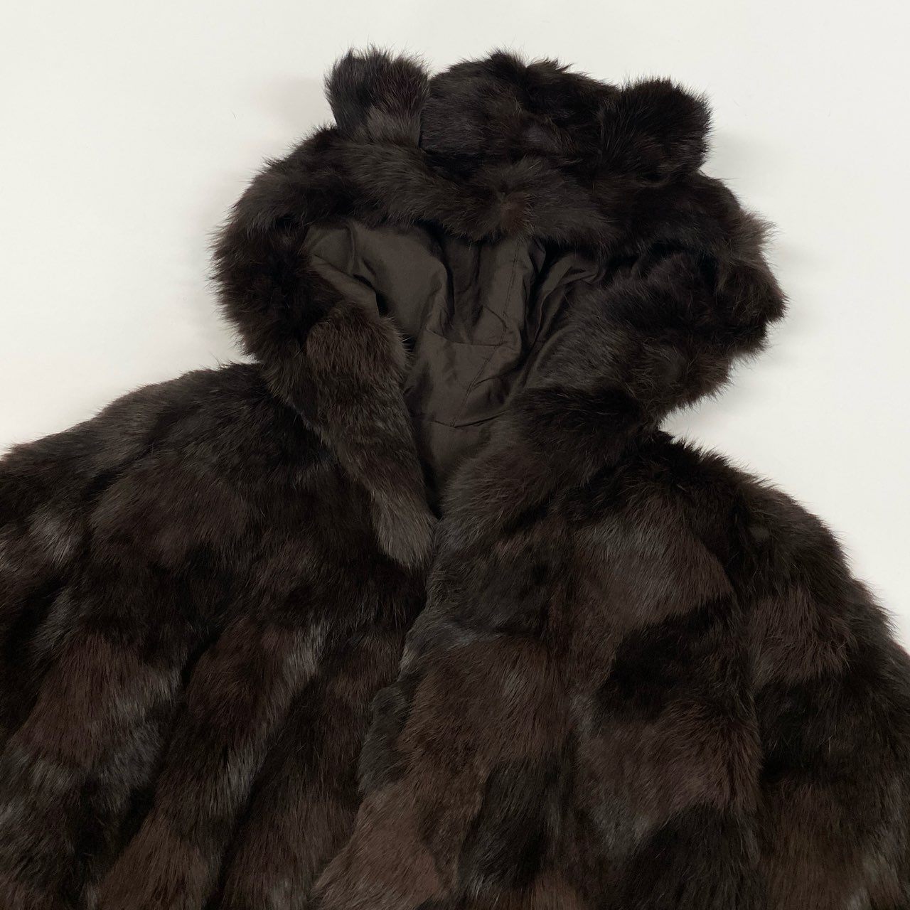 33l14 本毛皮 ラビットファー 耳付きフード ポンチョ ケープ サイズF ブラウン Rabbit Fur 内ポケット有 ケモ耳t18r