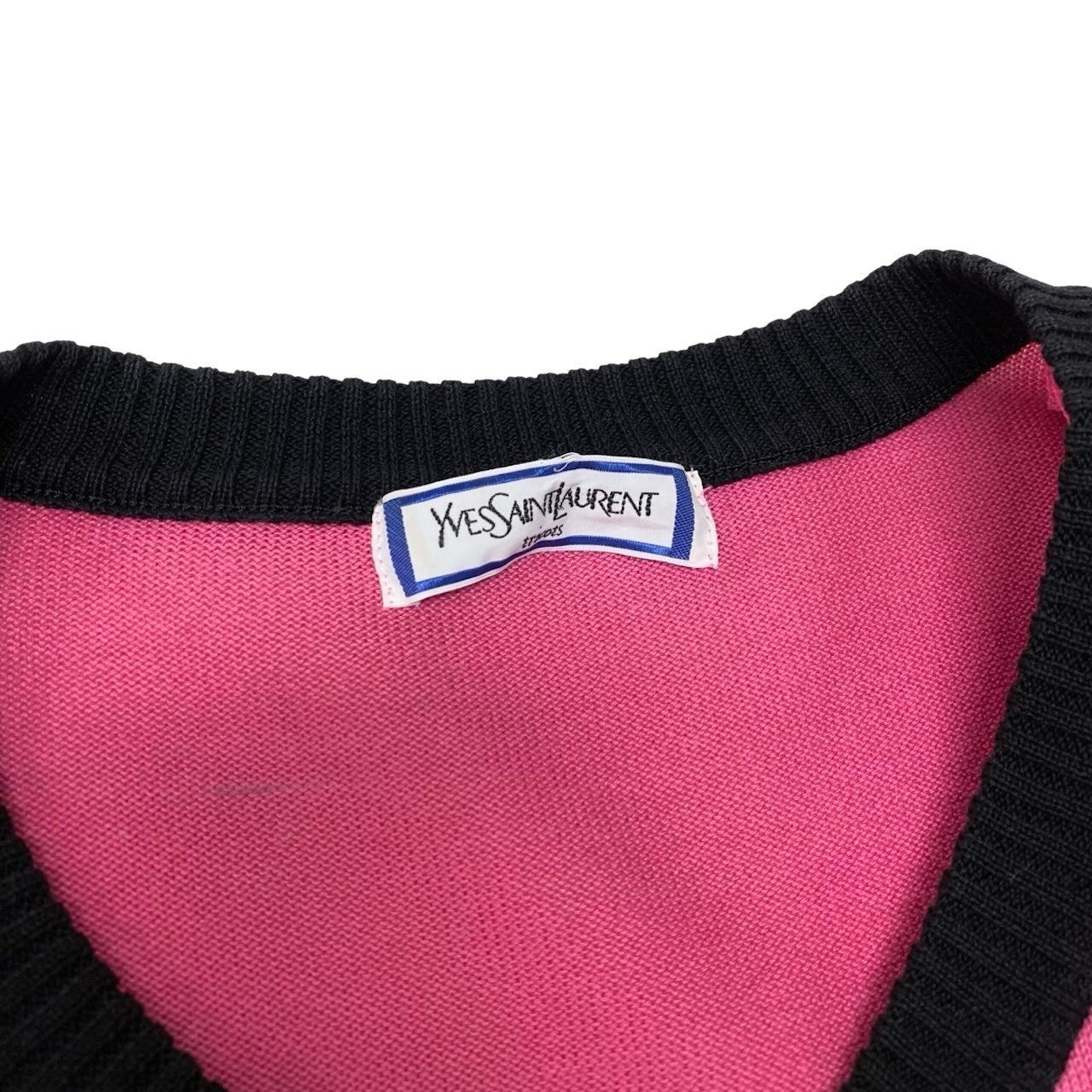 77h9 YVES SAINT LAURENT tricots イヴサンローラン ショートスリーブ ニットカーディガン バイカラー サイズM ピンク ブラック コットン100％ レディースu02t