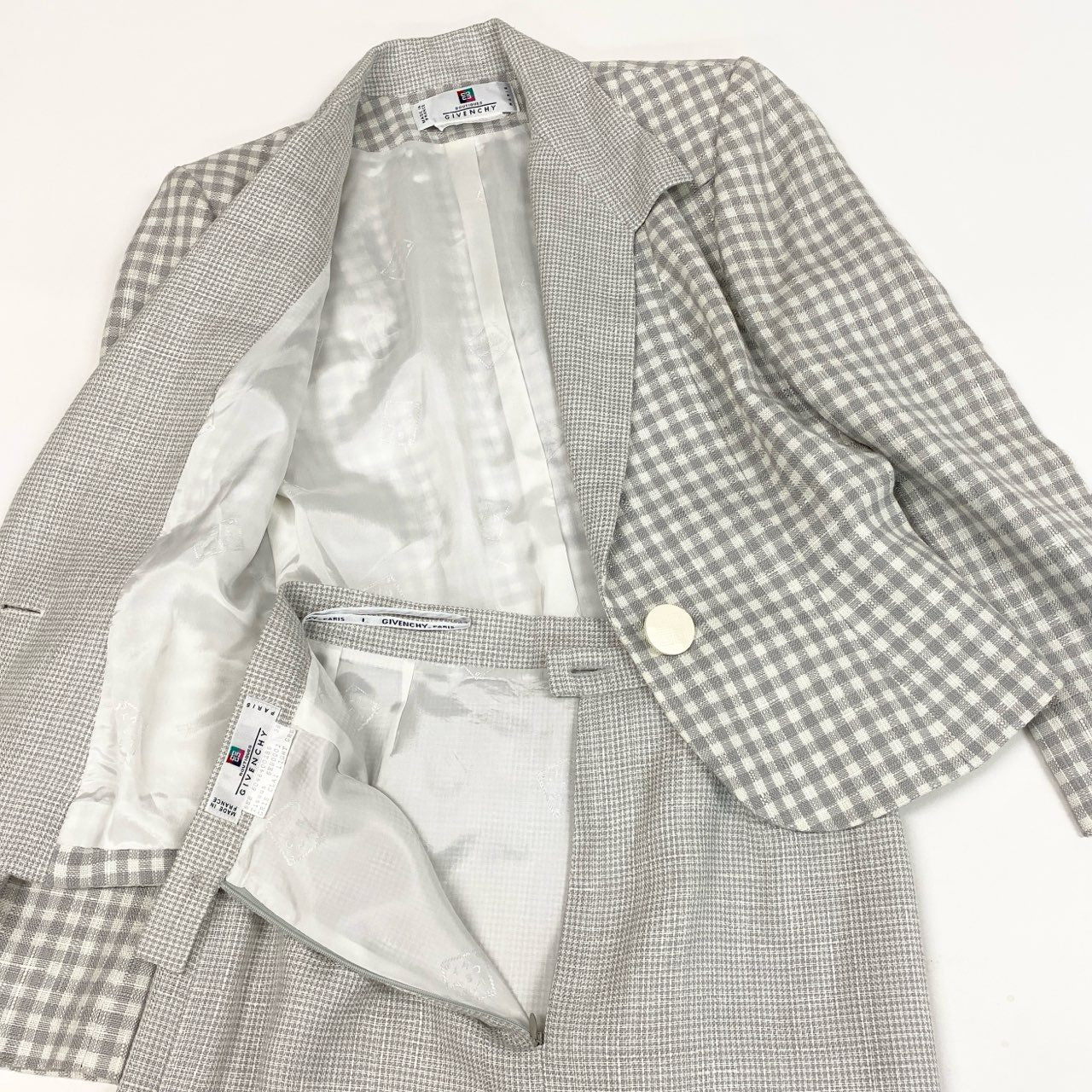 4b4 Vintage GIVENCHY ジバンシー フランス製 セットアップ スカートスーツ ランダムチェック 36 グレー系 レディースu02t