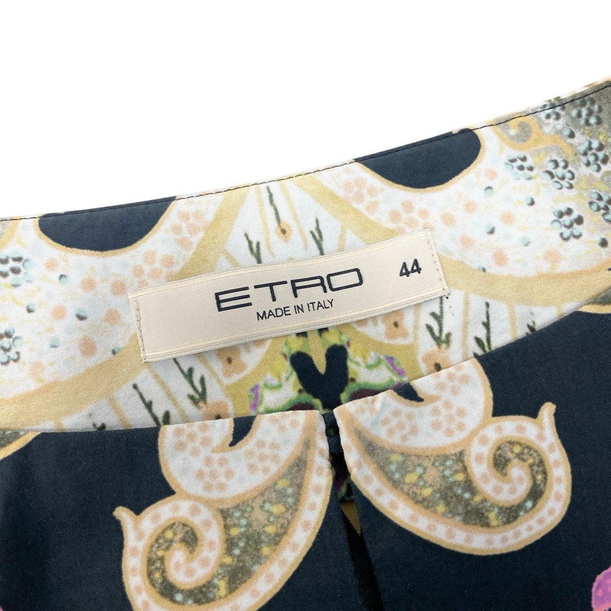 28f15 ETRO エトロ 花柄プリント 五分袖ワンピース ドレス 大きいサイズ 44 ブラック マルチカラー コットン レディースo07t